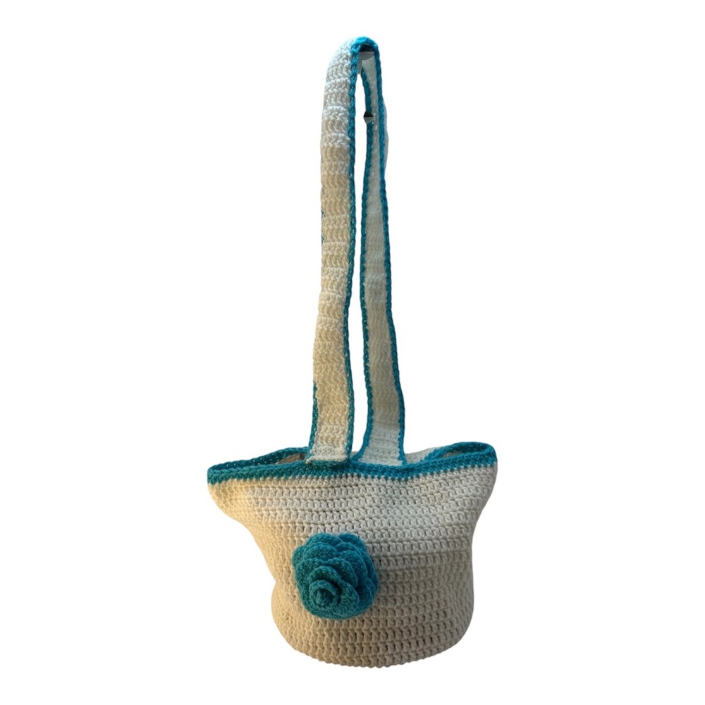 Handmade Crochet Tote Bag Cream Turquoise Floral Rosette Boho Cottagecore Easter